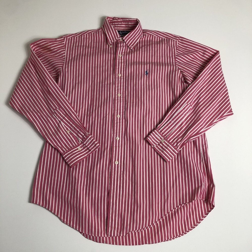 Ralph Lauren Men Long Sleeve Button Up Sz L Pink White Striped I107